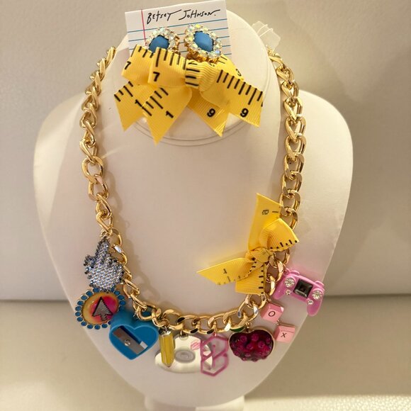 BETSEY JOHNSON BACK TO SCHOOL SUPPLIES STATEMENT CHARM NECKLACE EARRINGS SET - Picture 1 of 7